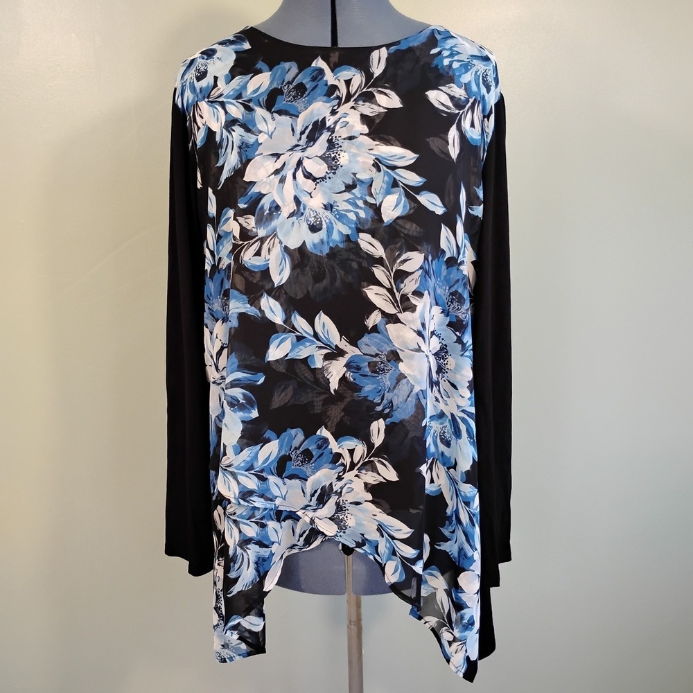Chico's Black Blue Floral Asymmetrical Hem Tunic Top Long Sleeve Size 3 XL Layer